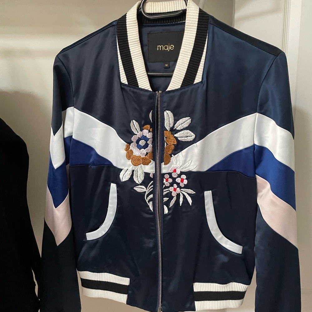 Used Maje Blue and White Bomber Jacket with Ribbed Trim
